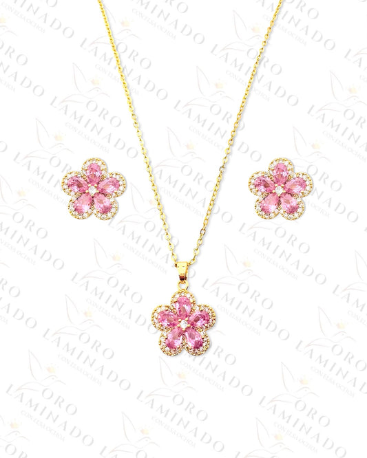 Gold Filled Pink Crystal Flower Set C306