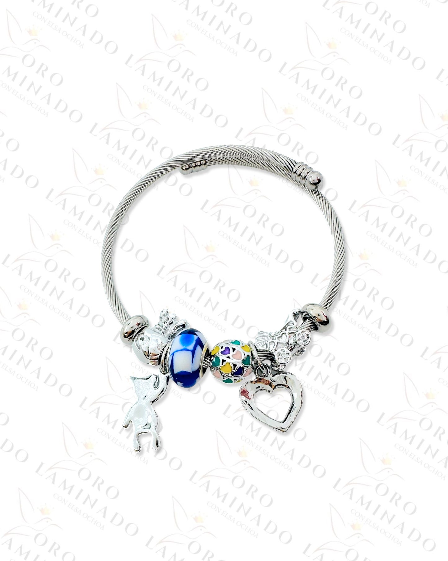 Stainless Steel Silver Blue Bear Charm Bracelet C348