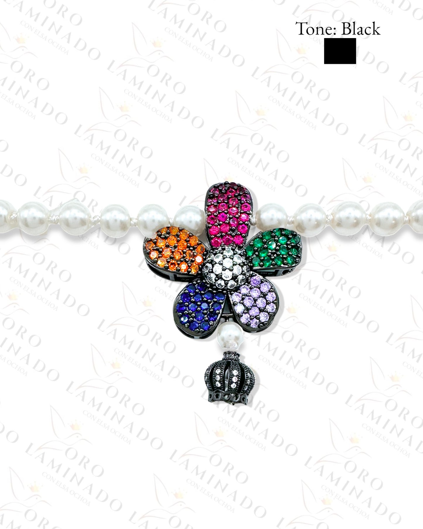 Long Pearl Necklace WithDark Multicolor Flower Charm R161