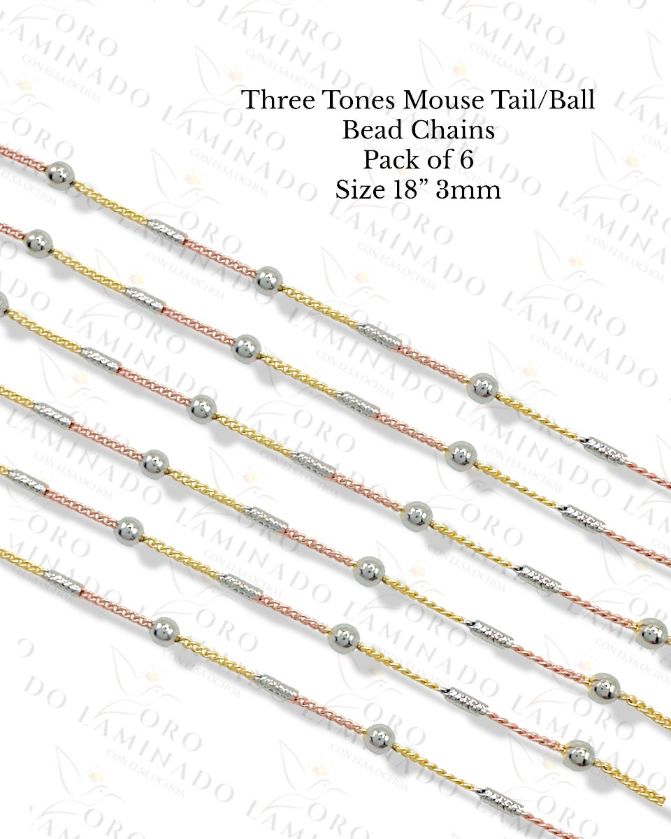 High Quality Three Tones Mouse Tail Chains/Ball Bead Chains Pack of 6 Size 18” 3mm B363