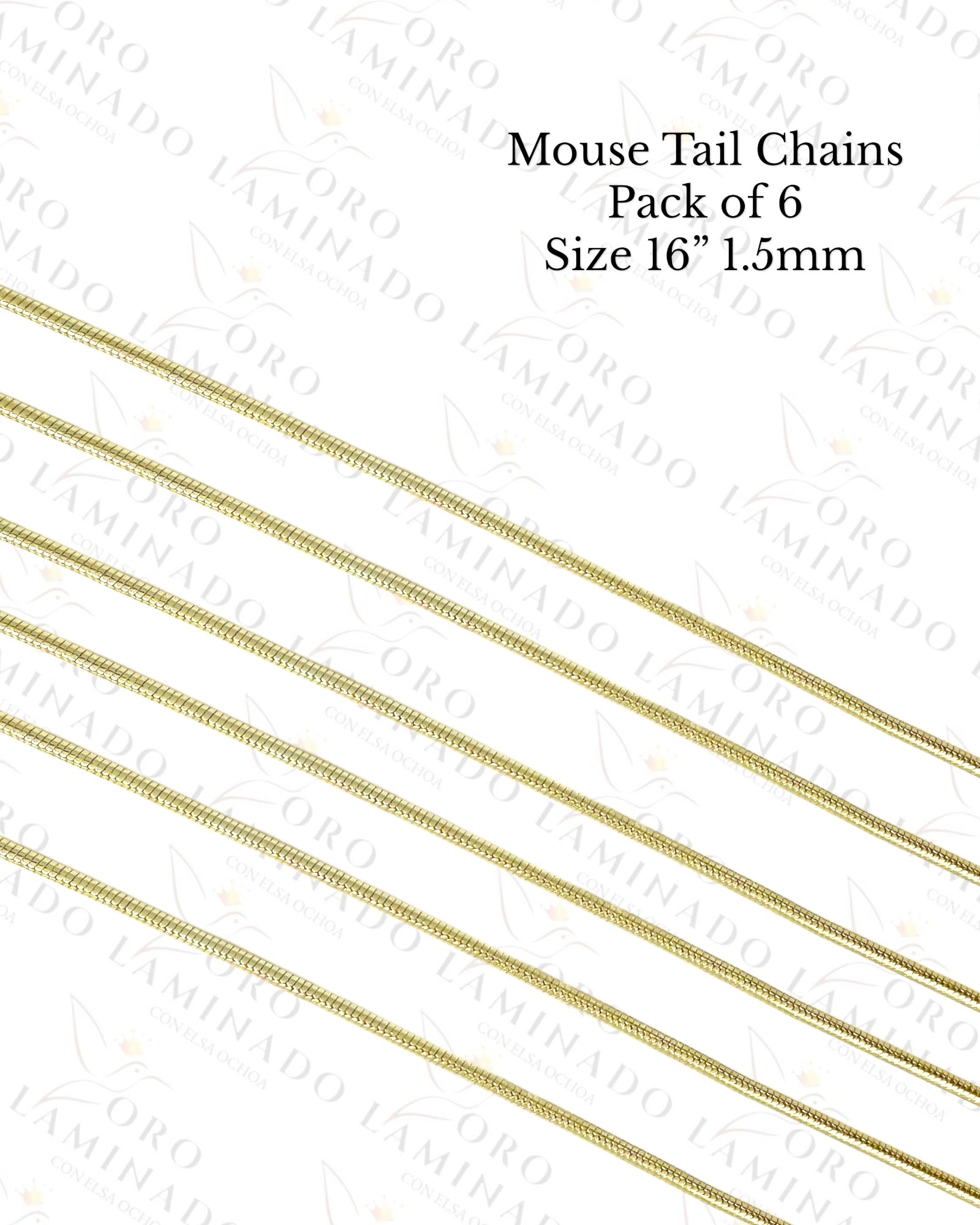 Mouse Tail Chains Pack of 6 Size 16” 1.5mm C198 – Oro Laminado Elsa