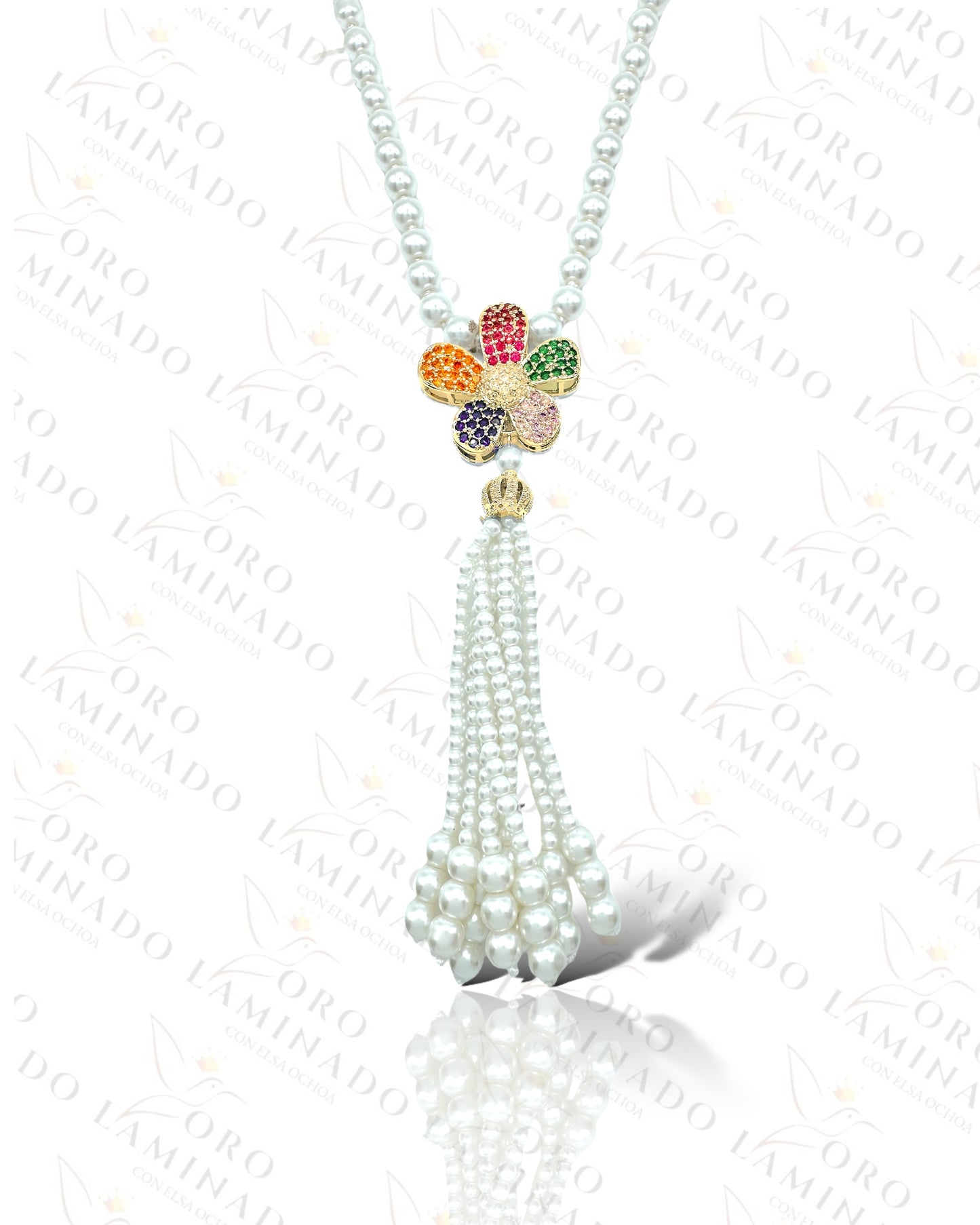 Long Pearl Necklace With Gold Multicolor Flower Charm R162