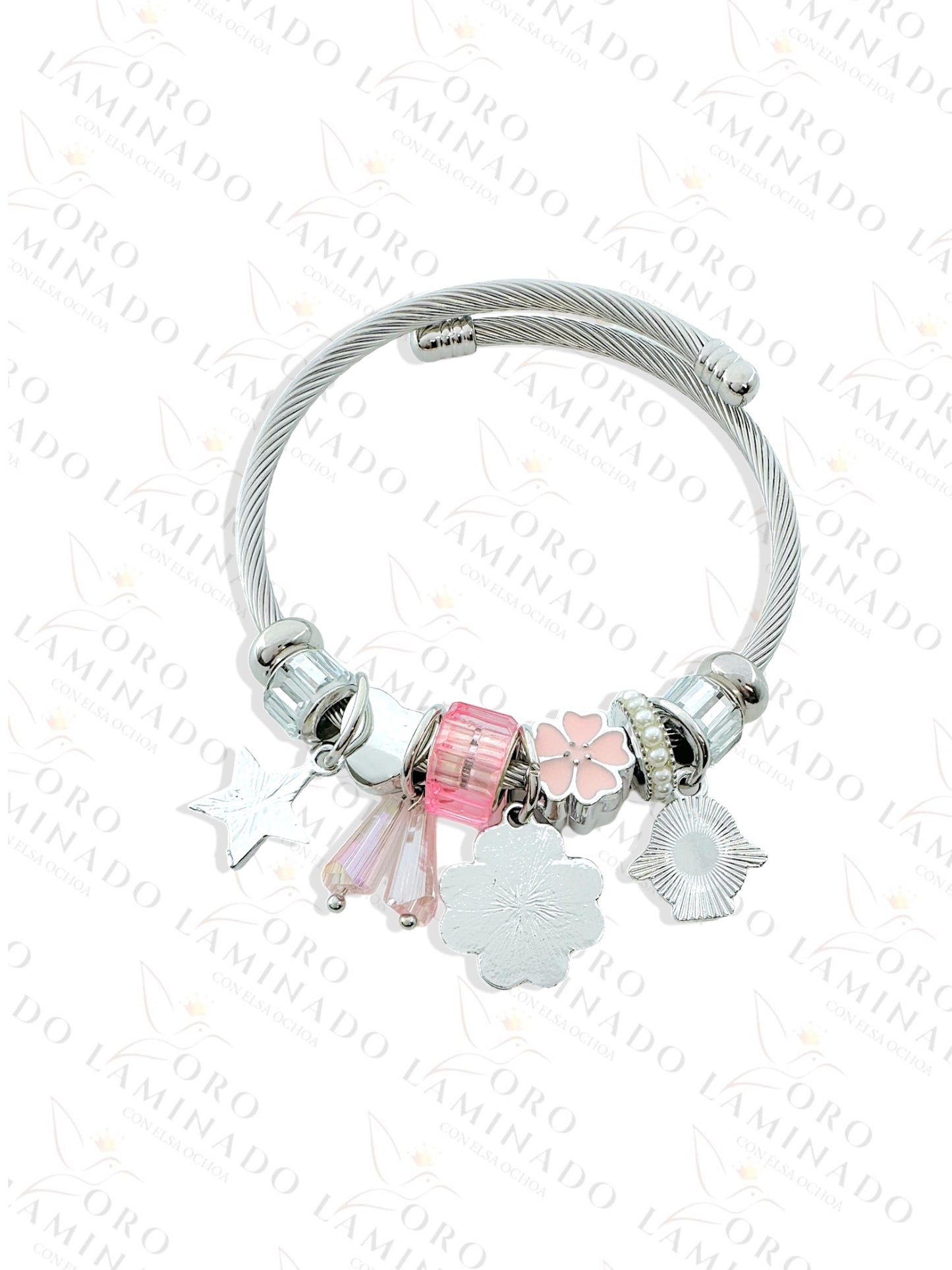 Stainless Steel Silver Pink Flower Charm Bracelet R427