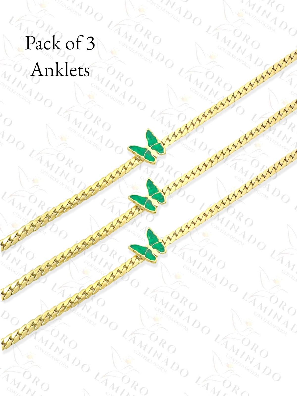 Stainless Steel Pack of 3 Green Butterfly Anklet B414