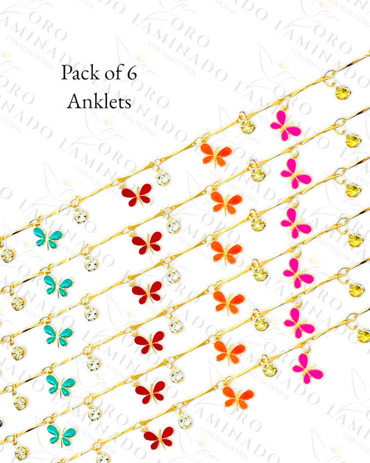 Gold Filled Pack of 6 Multi-Color Butterfly Anklet C385