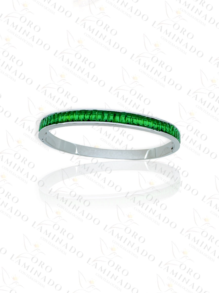 Silver Green Stones Bangle Bracelet R410