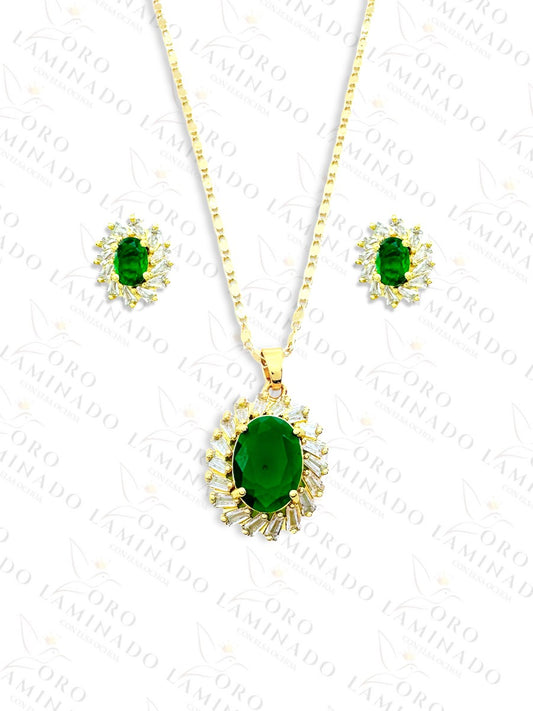 Round Green Stone and Crystal Set G293