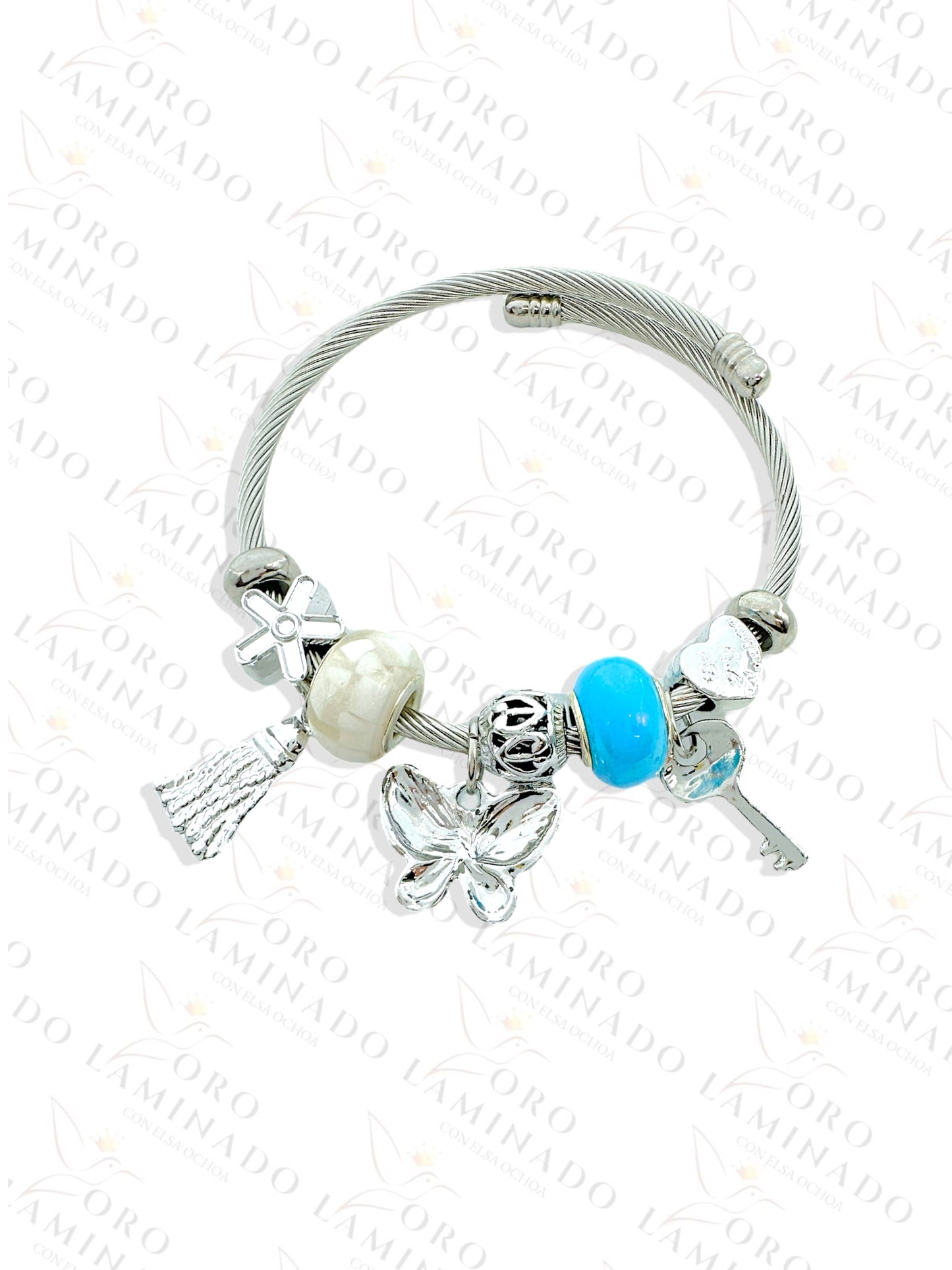 Stainless Steel Silver Blue Butterfly Charm Bracelet R426