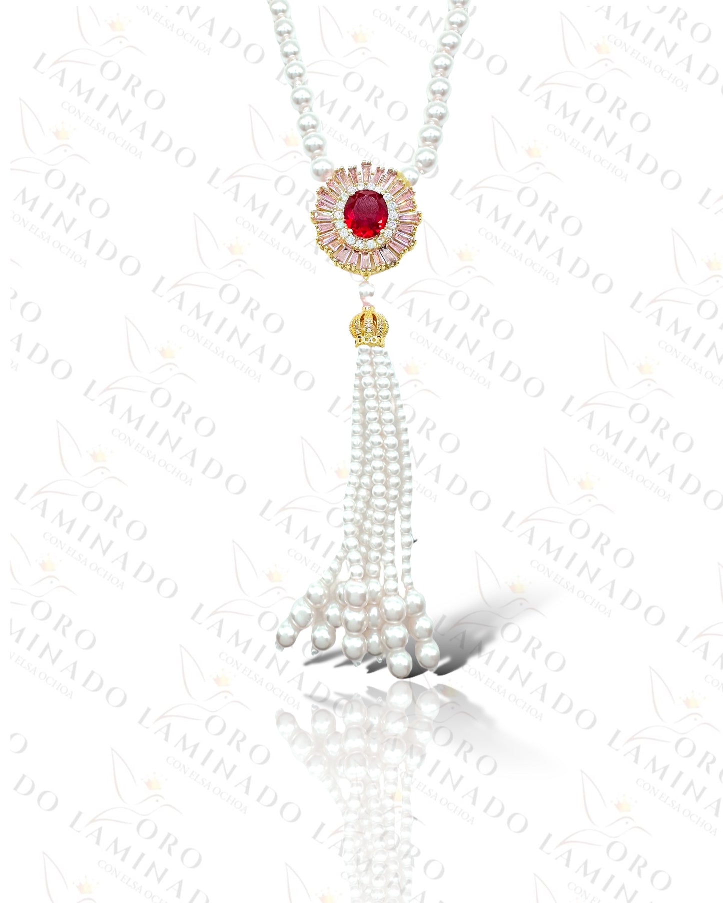 Long Pearl Necklace With Gold Pink Cristal Charm R166