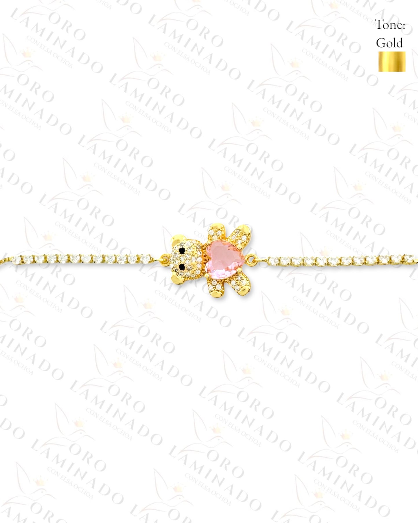 Gold Filled Pink Heart Teddy Bear Adjustable Bracelet R79