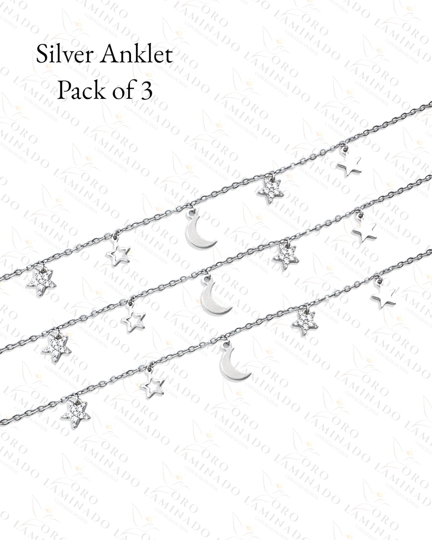 High Quality Silver Moon & Stars Anklet Pack of 3 B417