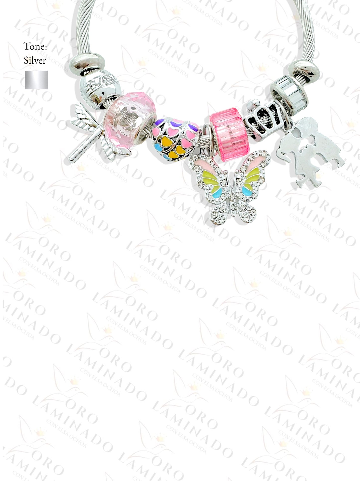 Stainless Steel Silver Pink Butterfly Charm Bracelet R428