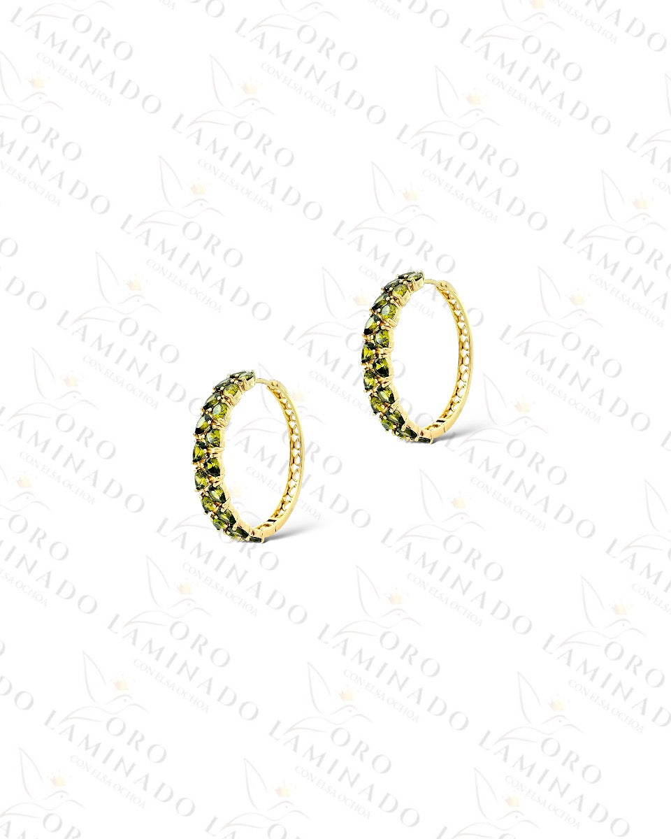 High Quality Green Stone Hoop Earrings (Gold Filled) Y277