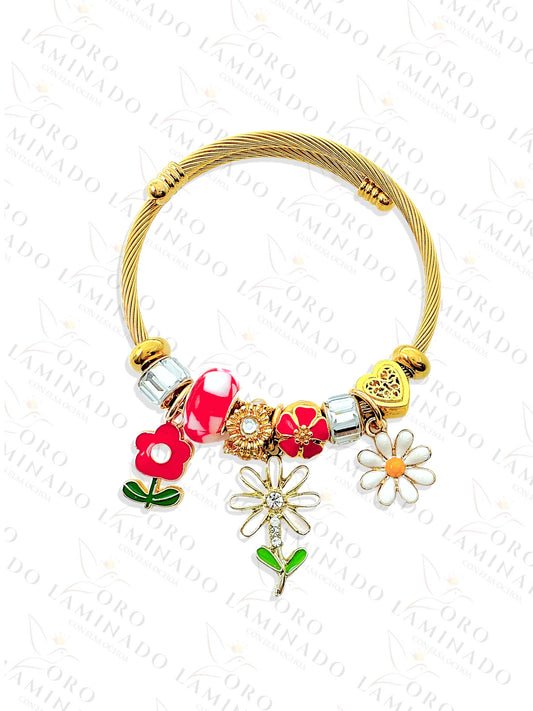 Stainless Steel Red Flowers Charm Bracelet R422