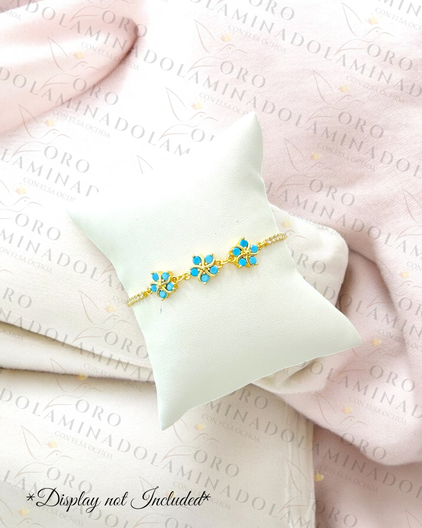 Gold Filled Sky Blue Triple Flower Adjustable Bracelet R457