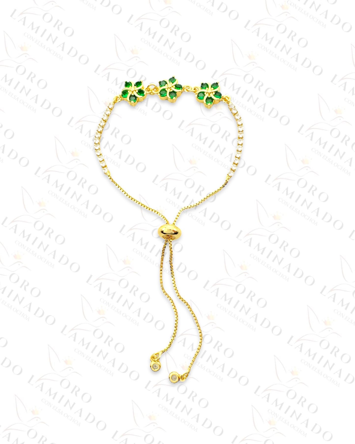 Gold Filled Green Triple Flower Adjustable Bracelet B67