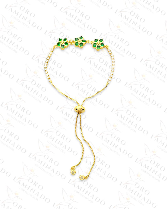 Gold Filled Green Triple Flower Adjustable Bracelet B67