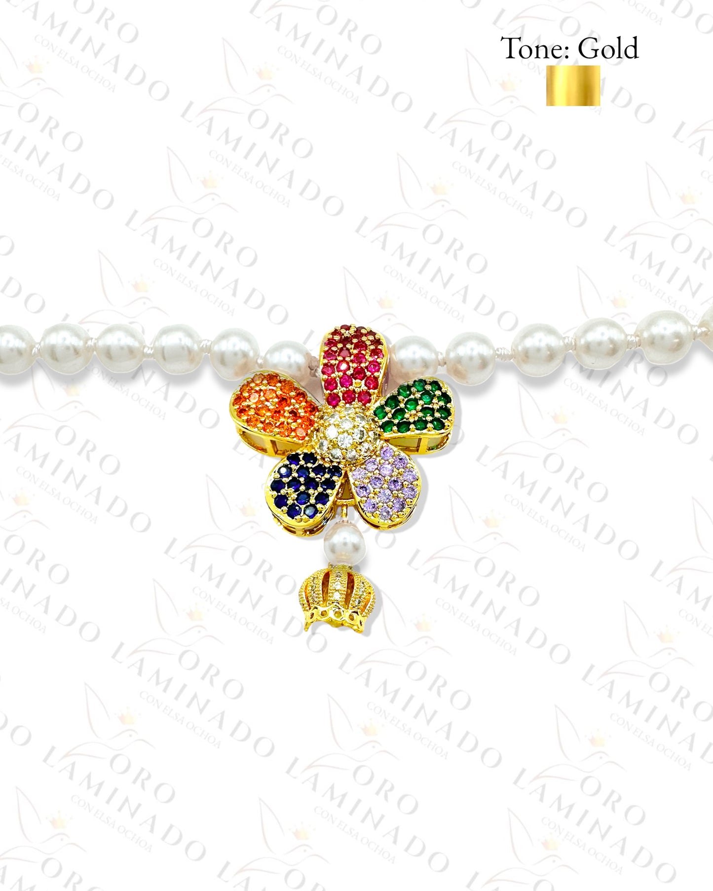 Long Pearl Necklace With Gold Multicolor Flower Charm R162