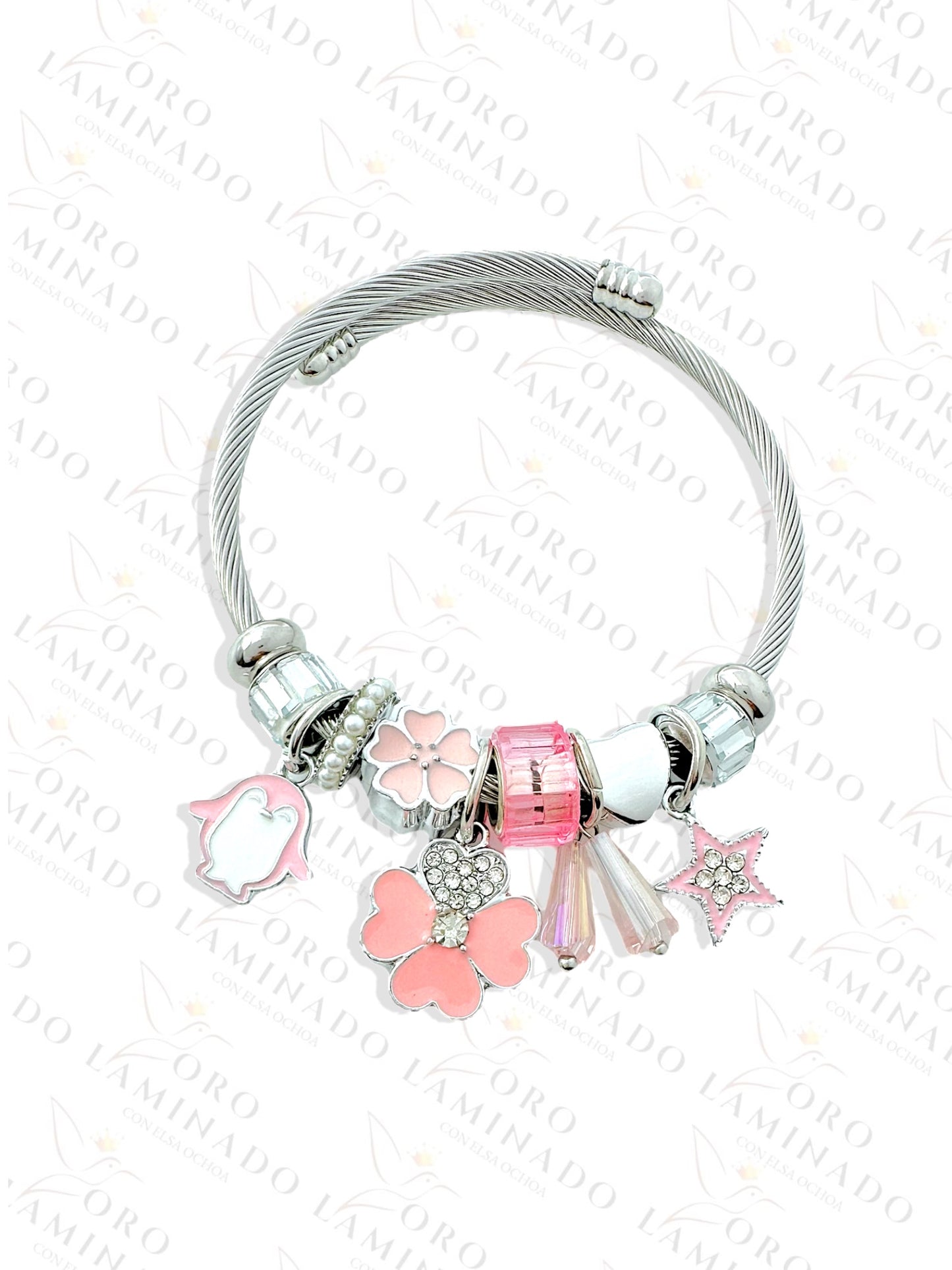 Stainless Steel Silver Pink Flower Charm Bracelet R427