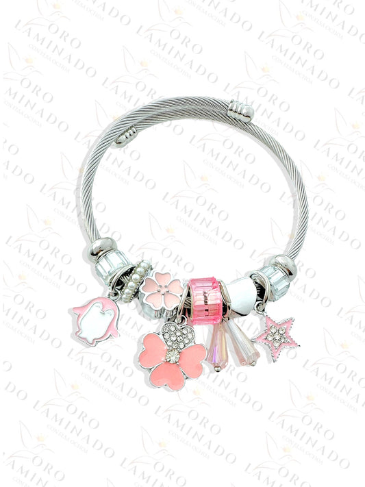 Stainless Steel Silver Pink Flower Charm Bracelet R427