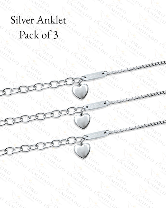 High Quality Silver Heart Anklet Pack of 3 B415