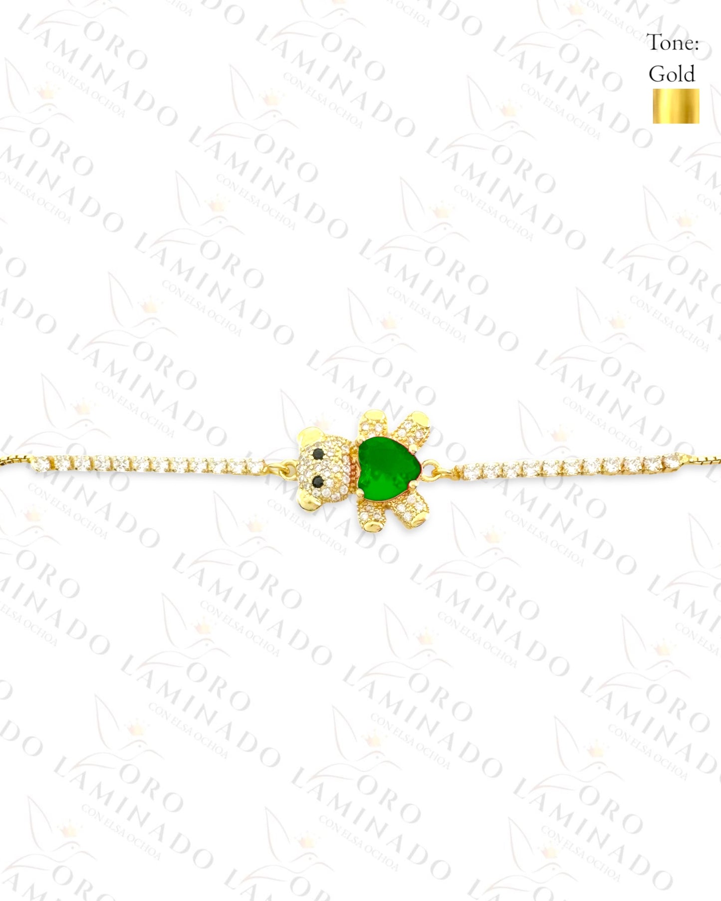 Gold Filled Green Heart Teddy Bear Adjustable Bracelet R213