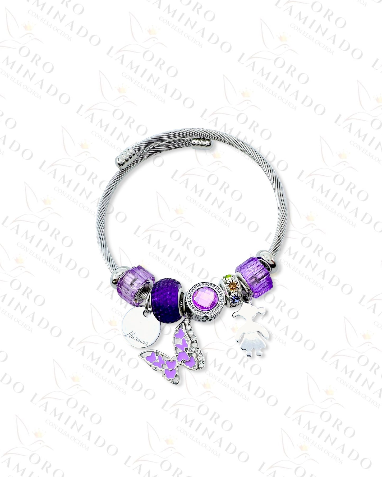 Stainless Steel Silver Purple Butterfly Charm Bracelet C347