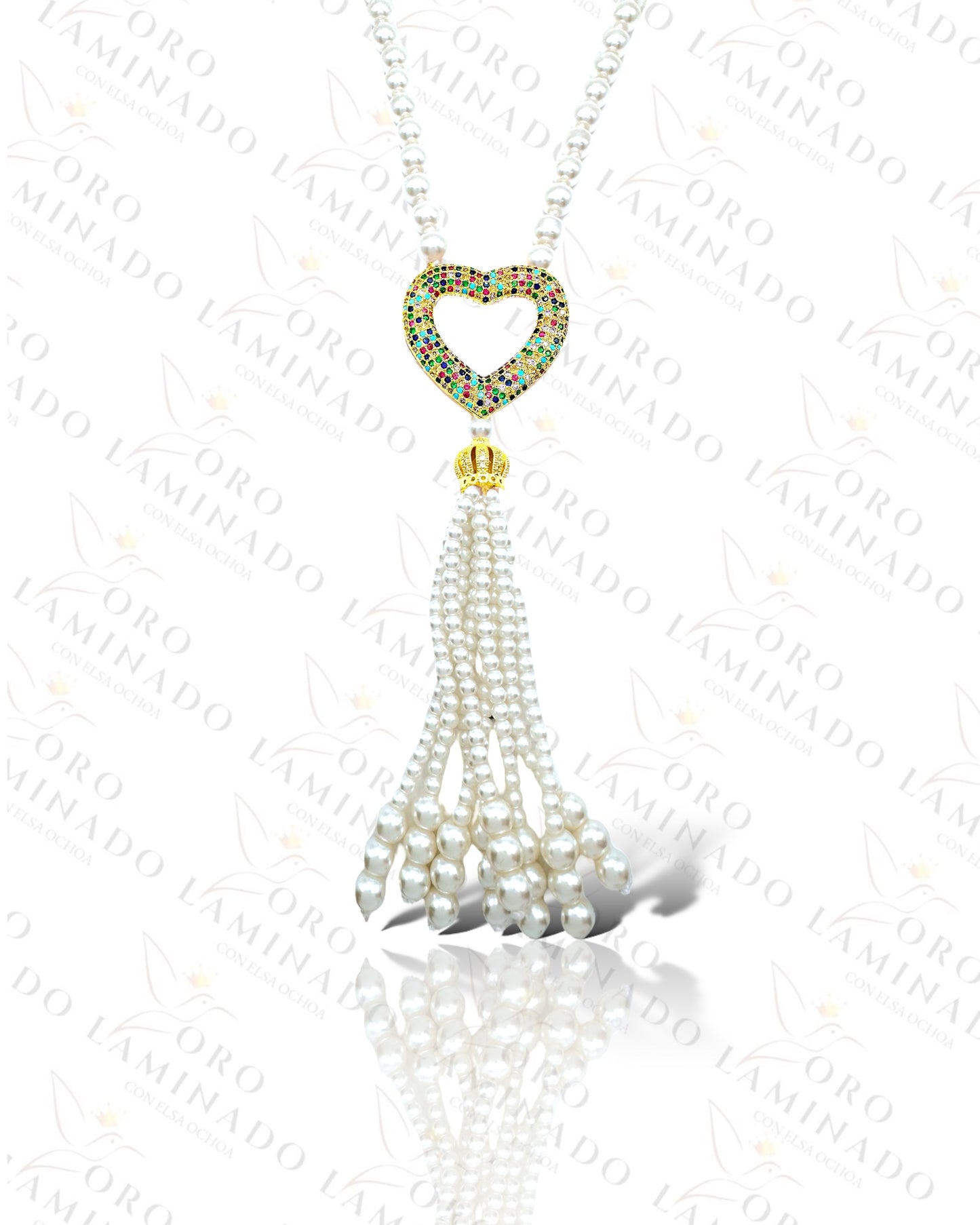 Long Pearl Necklace With Gold Multicolor Heart Charm R164