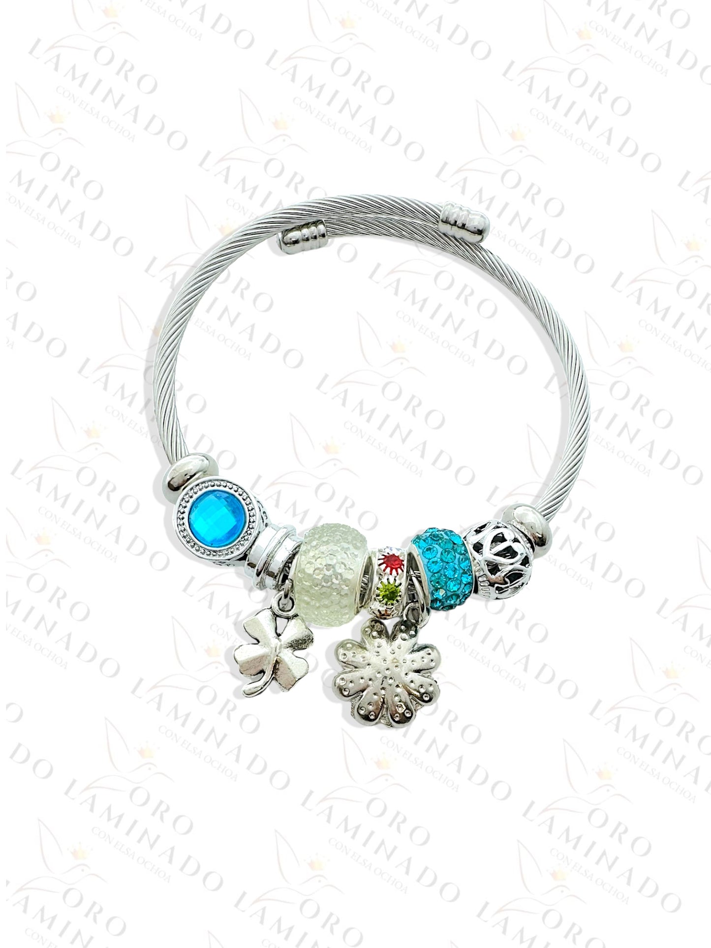 Stainless Steel Silver Blue Flower Charm Bracelet R425