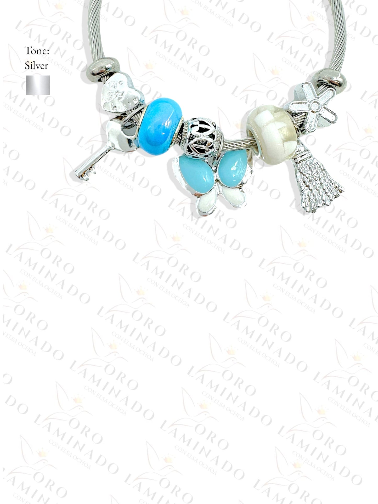 Stainless Steel Silver Blue Butterfly Charm Bracelet R426