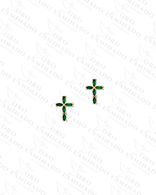 Gold Filled Green Crystal Cross Earrings R449