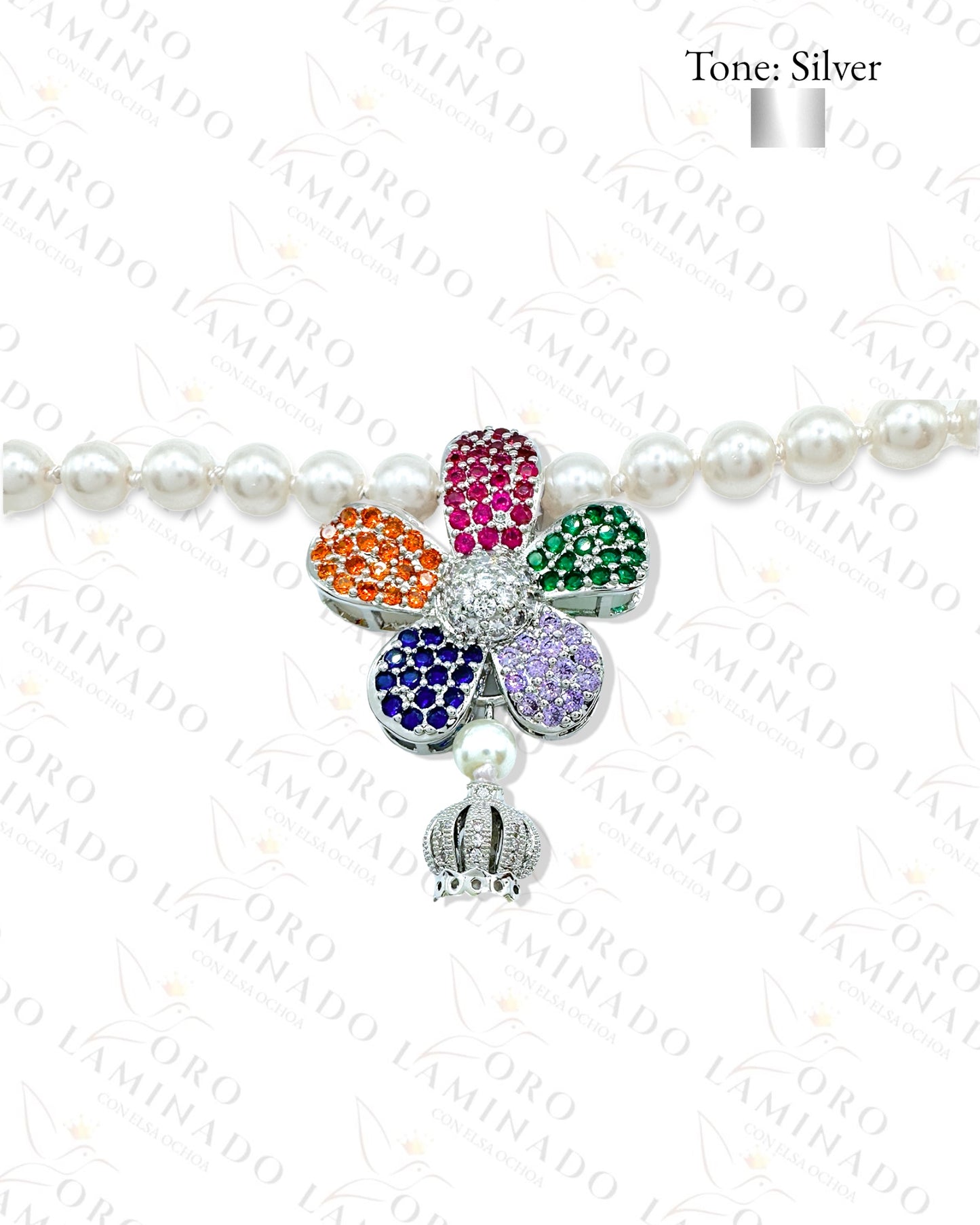 Long Pearl Necklace With Silver Multicolor Flower Charm R163