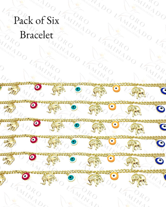 Multicolor Evil Eye and Elephants Bracelet Pack of 6 B420