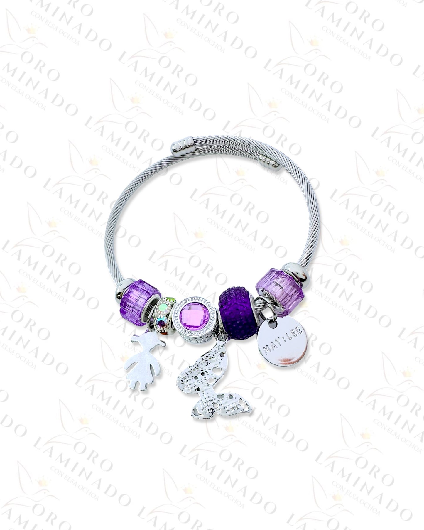 Stainless Steel Silver Purple Butterfly Charm Bracelet C347