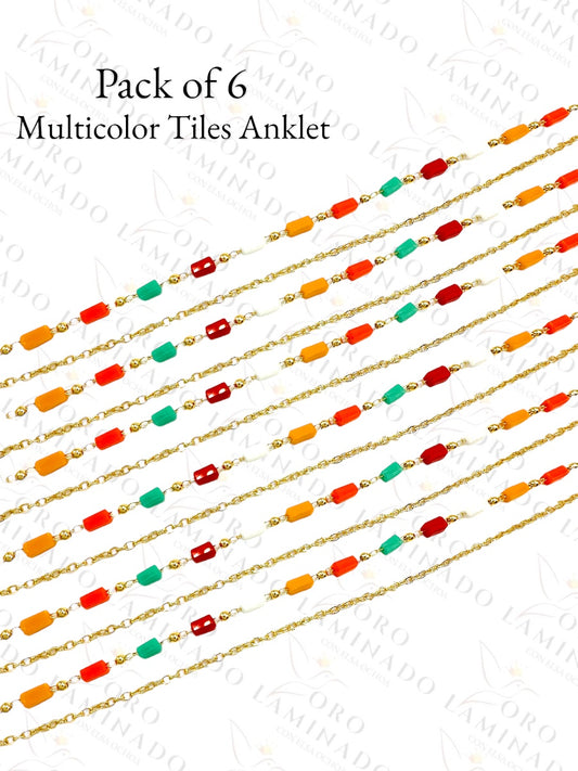 Double Chain Multicolor Tiles Anklet (Pack of 6) B311