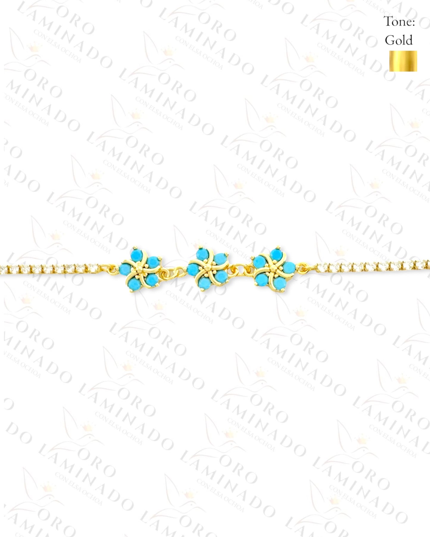 Gold Filled Sky Blue Triple Flower Adjustable Bracelet R457