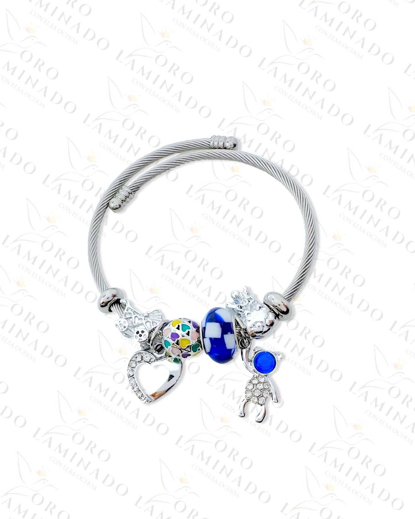 Stainless Steel Silver Blue Bear Charm Bracelet C348