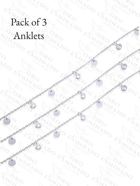 High Quality Gold Filled Pack of 3 Silver Diamond Anklet B416