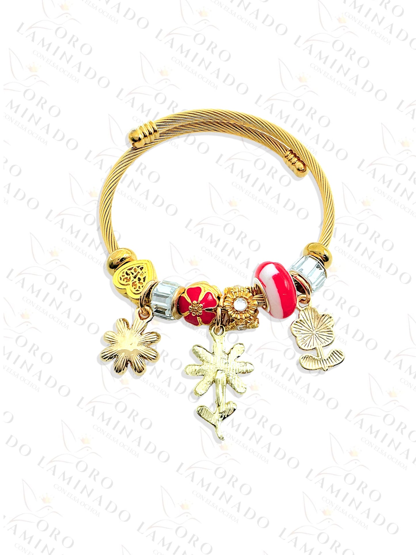 Stainless Steel Red Flowers Charm Bracelet R422