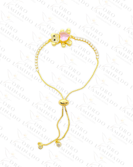 Gold Filled Pink Heart Teddy Bear Adjustable Bracelet R79