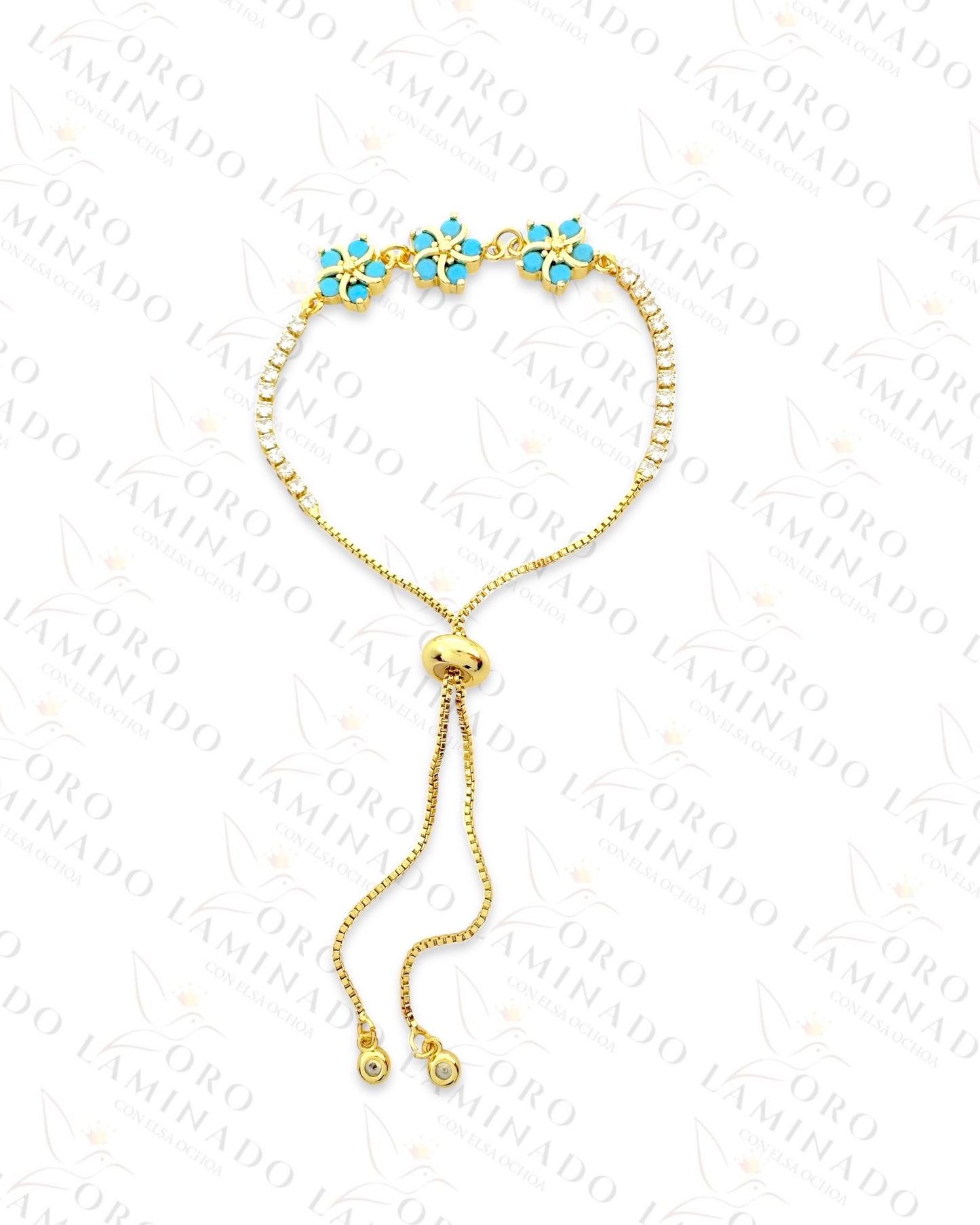 Gold Filled Sky Blue Triple Flower Adjustable Bracelet R457