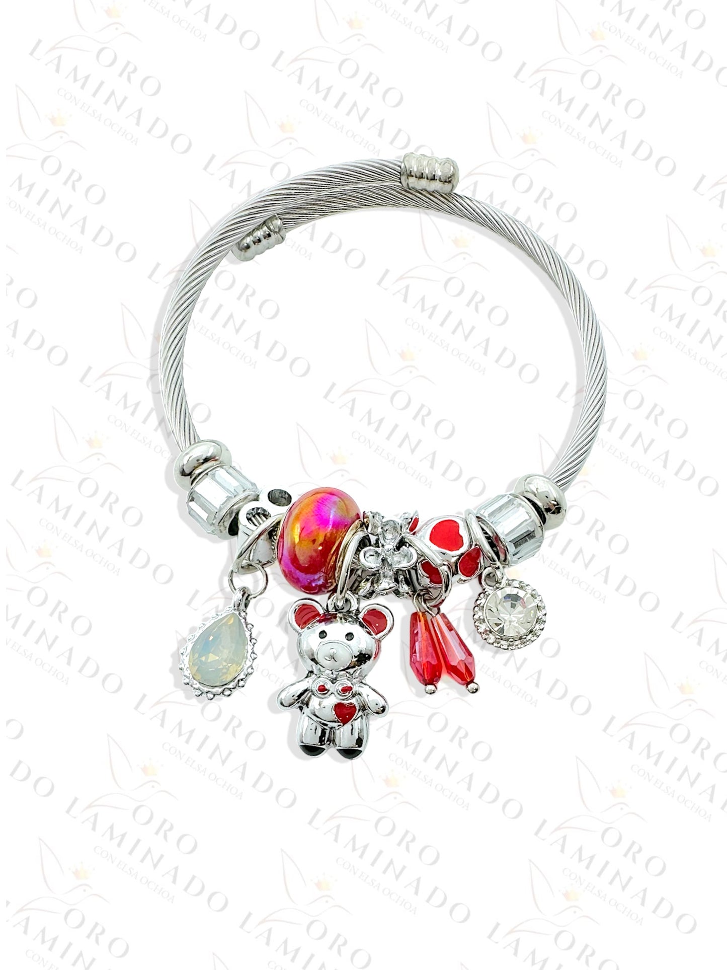 Stainless Steel Silver Red Bear Charm Bracelet R429