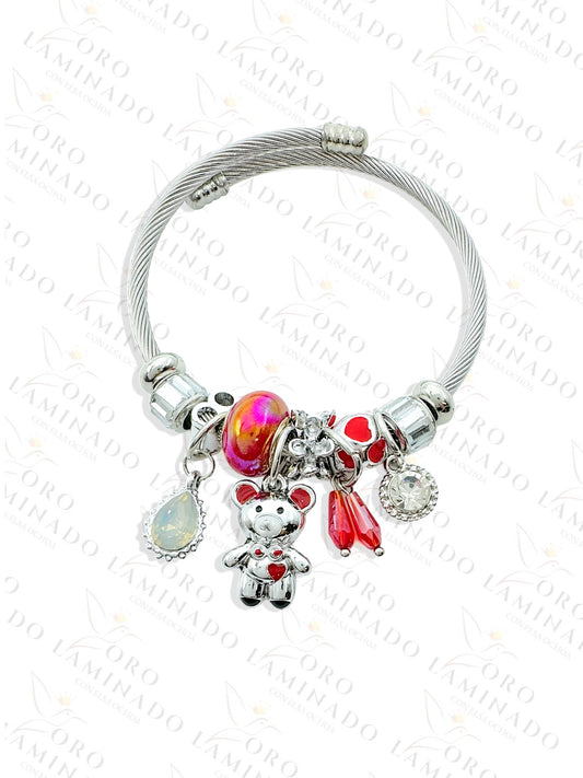 Stainless Steel Silver Red Bear Charm Bracelet R429