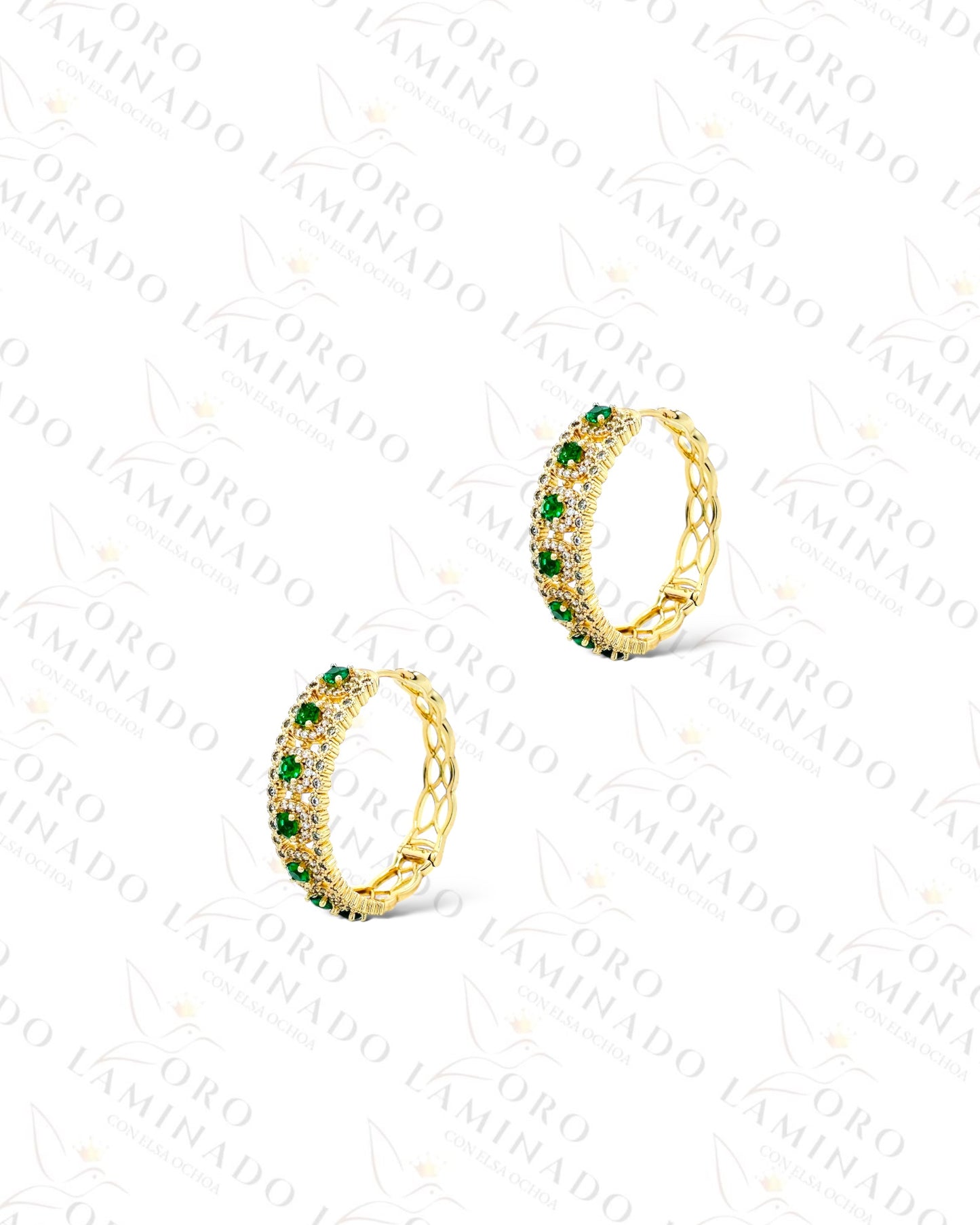 High Quality Green Crystal Squares Hoop Earrings (Gold Filled) R156