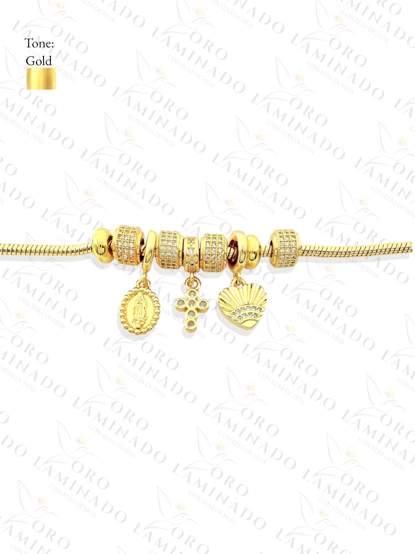 Virgin Mary, Cross, Heart Charm Bracelet (Gold Filled) B332