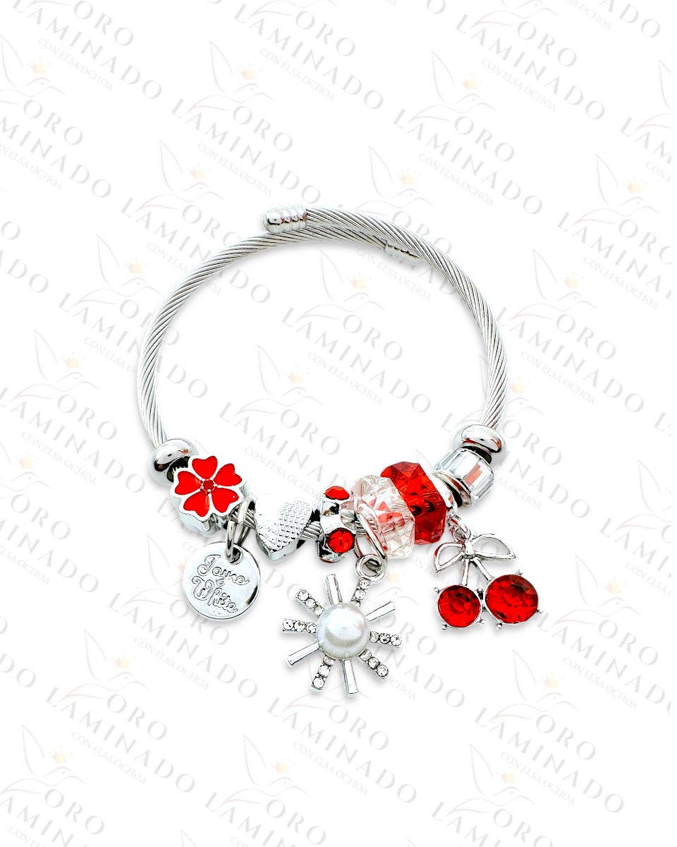 Stainless Steel Silver Cherry Red Cherry Charm Bracelet B96