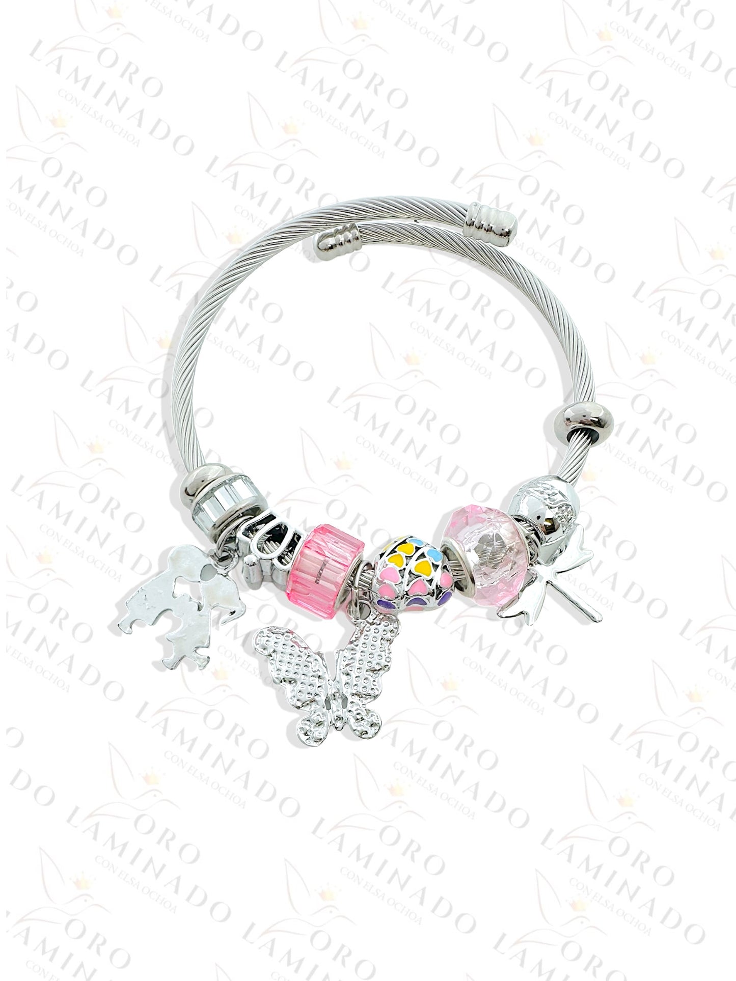 Stainless Steel Silver Pink Butterfly Charm Bracelet R428