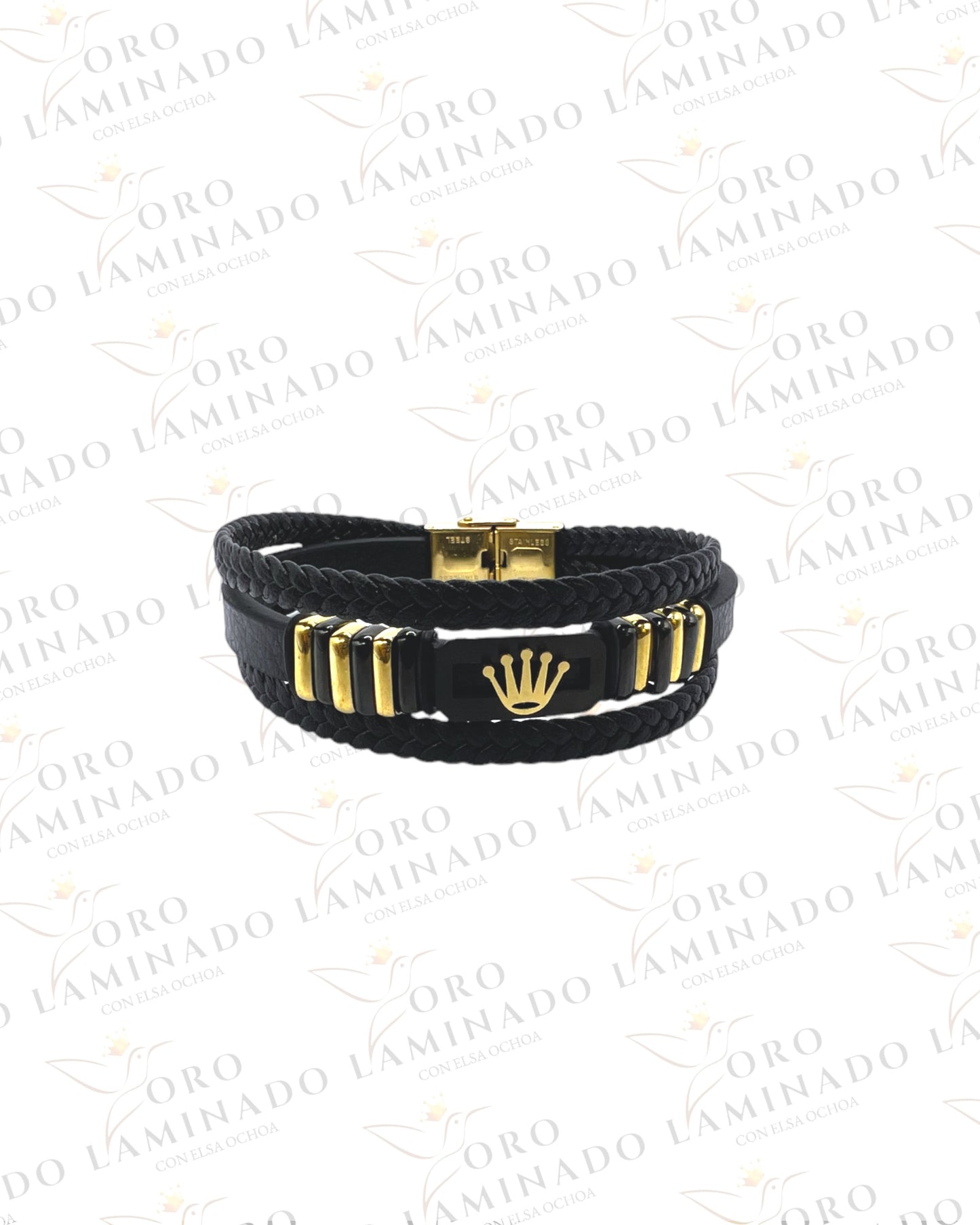 8.5” Leather Gold Crown Bracelet R10