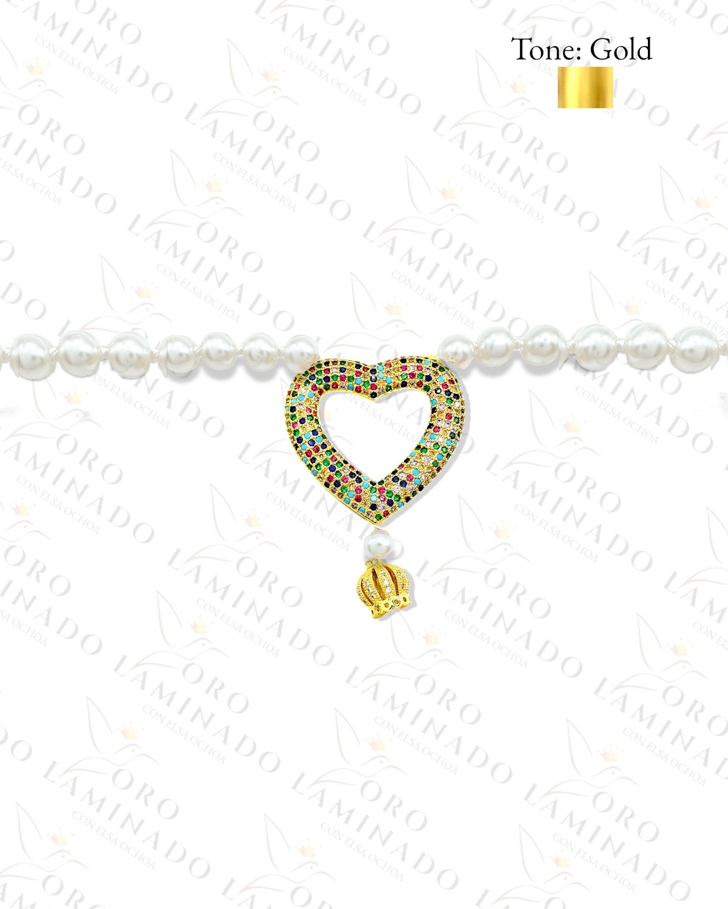 Long Pearl Necklace With Gold Multicolor Heart Charm R164