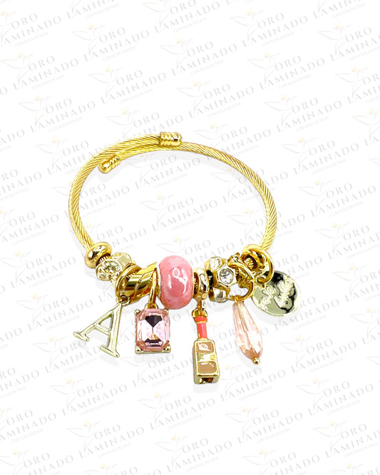 Charm Bracelet Gold Pink Lipstick A Heart R83